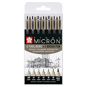 Sakura Pigma Micron Fineliner - Zwart - Set van 6 met GRATIS Brush Pen