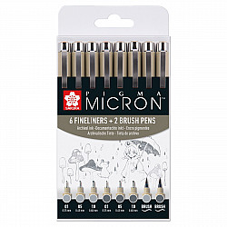 Sakura Pigma Micron Fineliner - All Cool Gray Edition - Set of 6 + 2 Brushes