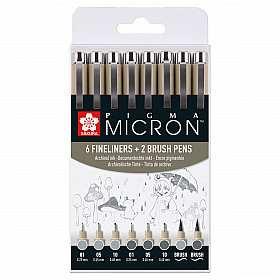 Sakura Pigma Micron Fineliner - All Cool Gray Edition - Set van 6 + 2 Brushes