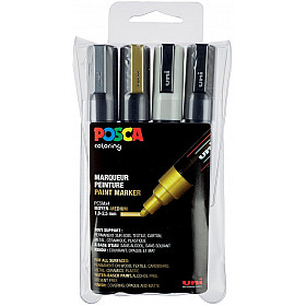 Uni Posca PC-5M Paint Marker - Medium - Zwart, Wit, Zilver, Goud - Set van 4